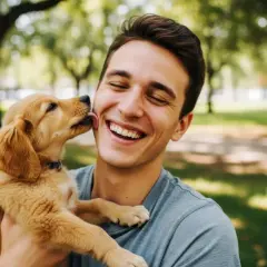 Szczeniak golden retriever liże twarz roześmianego młodego mężczyzny w parku. To pokazuje, dlaczego pies liże człowieka – okazuje miłość i przywiązanie.
