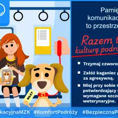 Dziewczyna z kotem w transporterze i pies z biletem w autobusie. Czy pies musi mieć bilet w autobusie? Tak, jeśli podróżuje. #KampaniaEdukacyjnaMZK