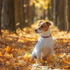 Jesienny spacer z psem. Czy pies może jeść kaszankę? Ten uroczy jack russell terrier siedzi wśród złotych liści, zastanawiając się nad jesiennymi przysmakami.