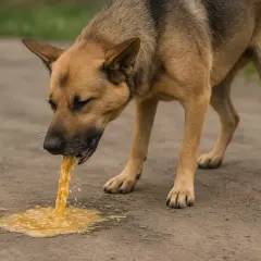 Pies ma odruch wymiotny, z pyska leje się żółta wydzielina, ale jeszcze nie wymiotuje.