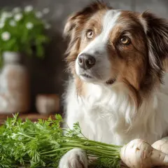 Pies z zaciekawieniem spogląda na pęczek pietruszki i pasternaku. Czy pies może jeść pietruszkę?