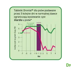 Wykres porównujący liczbę cyst Giardia u psów leczonych i kontrolnych. Leczenie Drontalem znacząco ogranicza wysiew cyst.