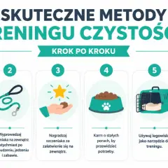 Ilustracja pokazuje, jak szkolić szczeniaka, by nie sikał w domu. Kluczowe jest regularne wyprowadzanie, nagradzanie za załatwianie się na zewnątrz i cierpliwość.