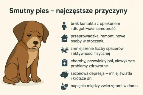 Smutny pies z opuszczonymi uszami. Obrazek wyjaśnia, ile pies może nie jeść z powodu samotności, zmian, braku ruchu, chorób czy depresji.