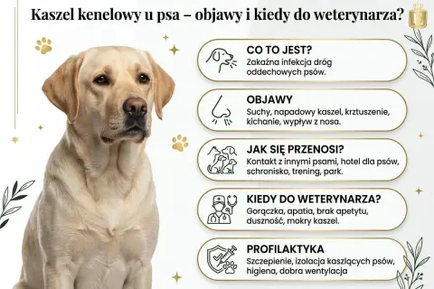 Labrador z objawami kaszlu kenelowego. Informacje o chorobie: przyczyny, objawy, jak się przenosi, kiedy do weterynarza i profilaktyka.