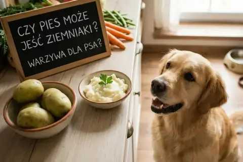 Złoty retriever czeka na ziemniaki, a tabliczka pyta: "Czy pies może jeść brokuły?". Warzywa dla psa to temat dyskusji.