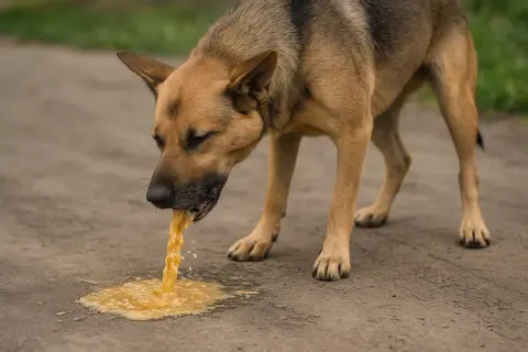 Pies ma odruch wymiotny, z pyska leje się żółta wydzielina, ale jeszcze nie wymiotuje.