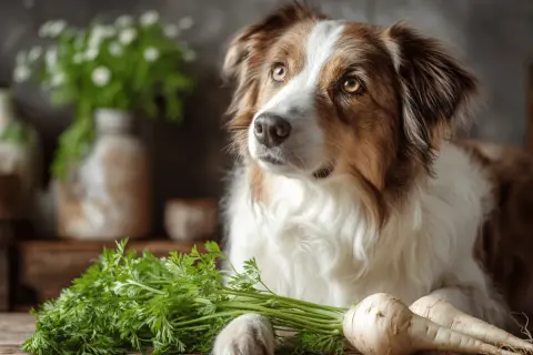 Pies z zaciekawieniem spogląda na pęczek pietruszki i pasternaku. Czy pies może jeść pietruszkę?