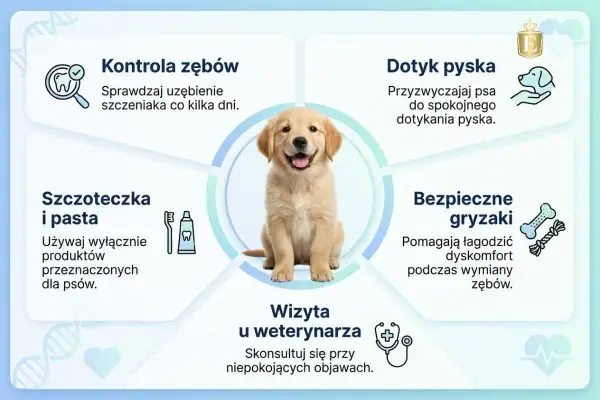 Szczeniak z uśmiechem, wokół wskazówki o higienie jamy ustnej. Dowiedz się, ile zębów ma pies i jak o nie dbać.
